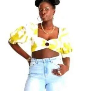 Future Collective Puff Sleeve Crop Top With Tropical Pattern Womens Size L